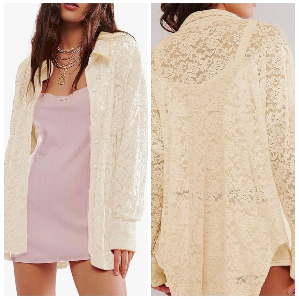 🛍️ NWT Elegant Cream Lace Oversize Top Coverup/Jacket Size XL